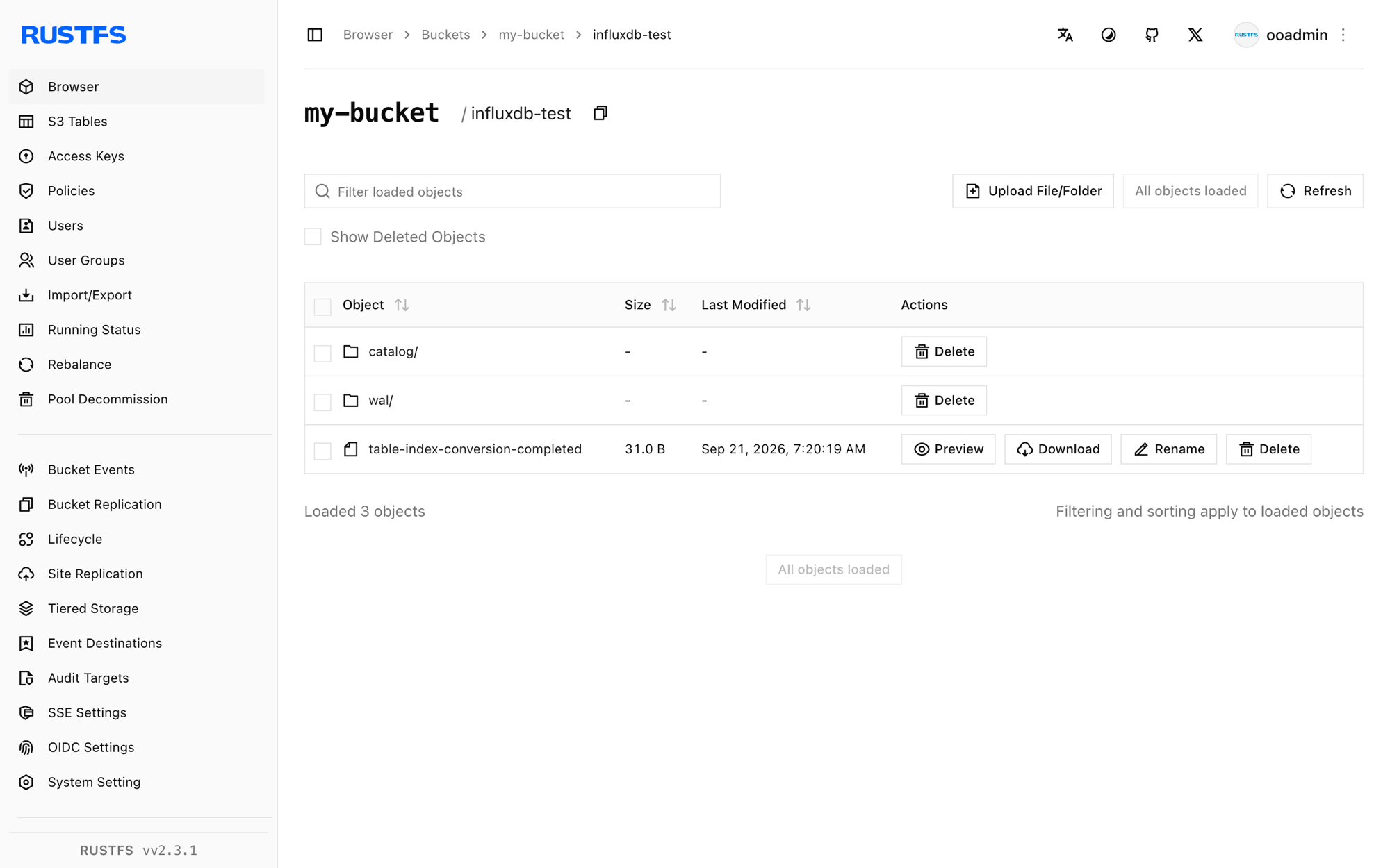 Das InfluxDB-Knoten-Präfix in der RustFS-Konsole