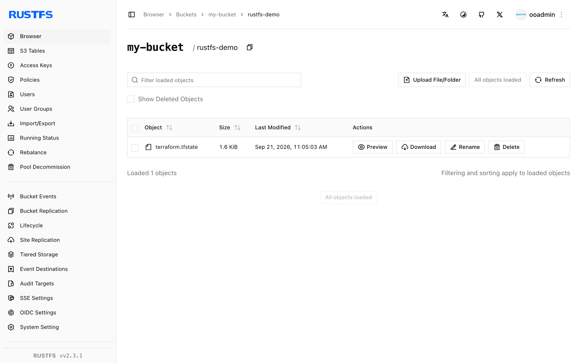 The Terraform state file stored in the RustFS Console