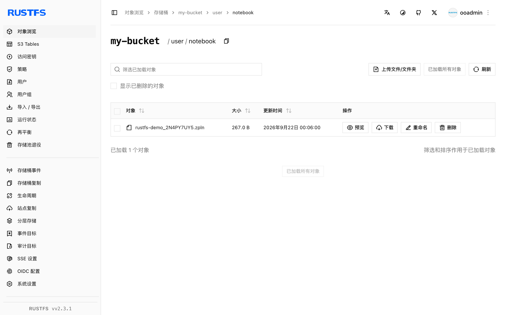 RustFS 控制台中存储的 Zeppelin 笔记本
